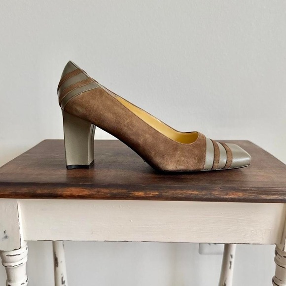 Bellini Shoes - Vintage 90s NWT Suede Stripe Heel Brown Green Size 9.5